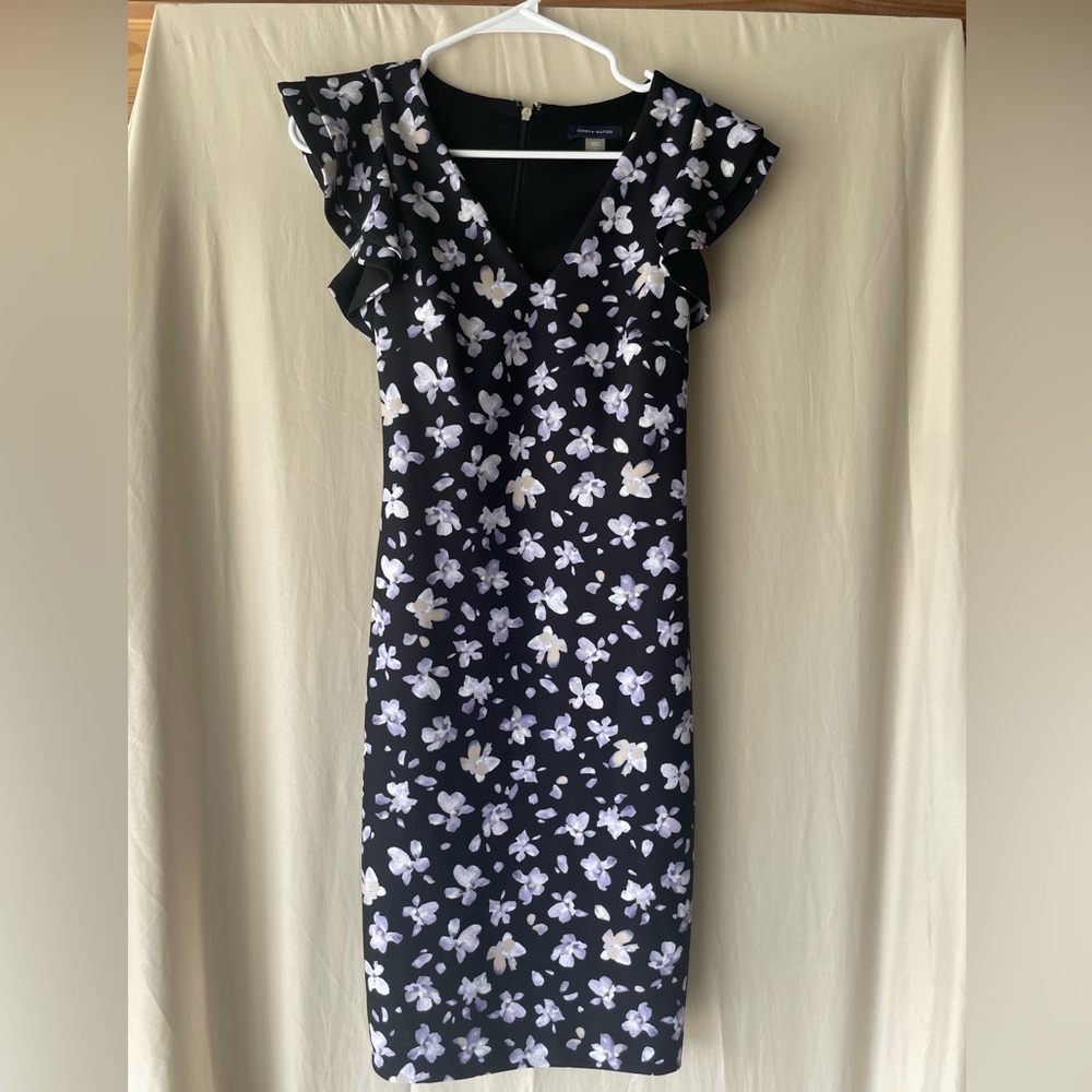 Tommy Hilfiger White and Blue Sheath Midi Dress V-Neck Cap Sleeve
